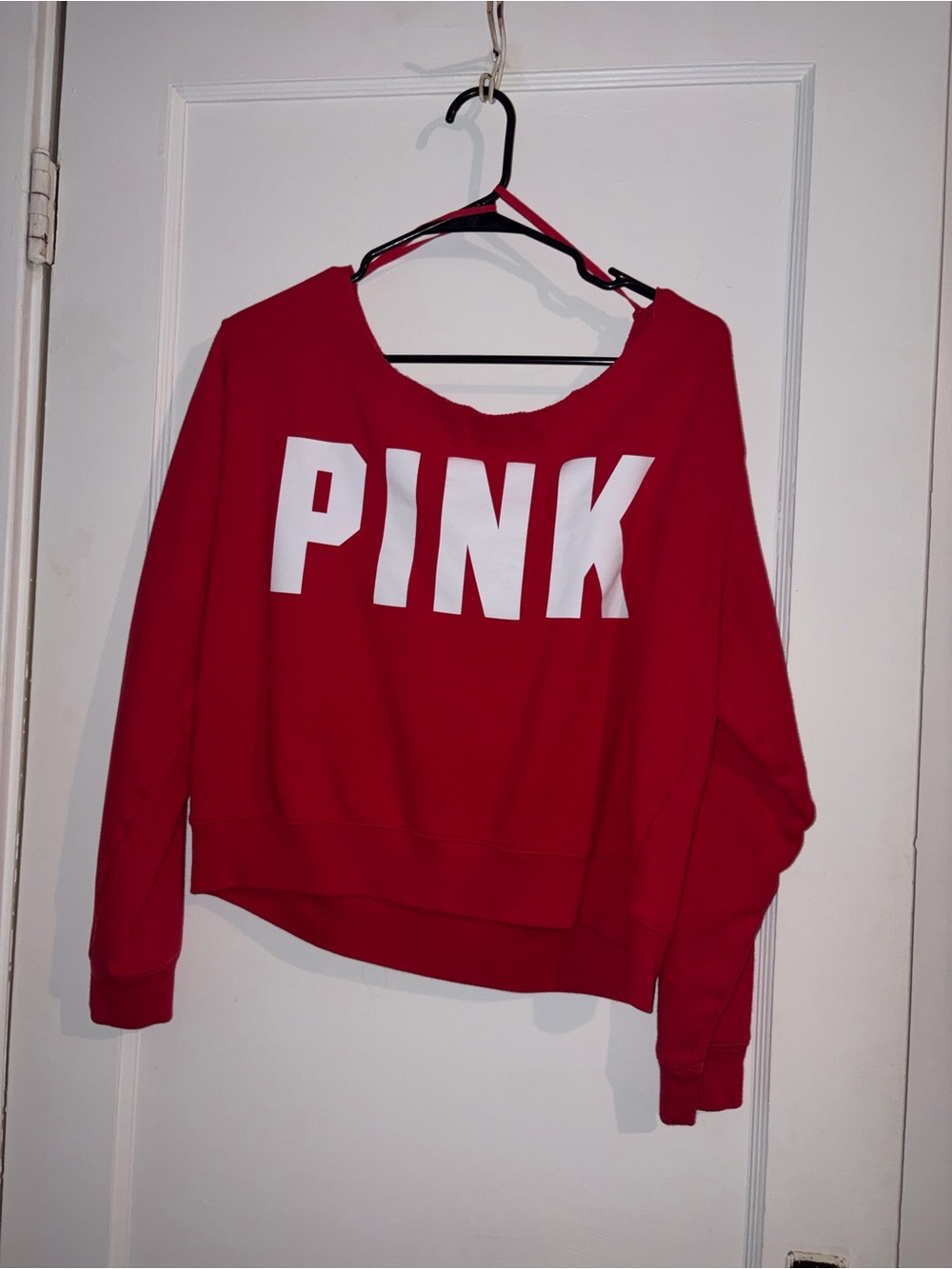 PINK Victoria's Secret Red Off-Shoulder Sweatshirt with White Logo